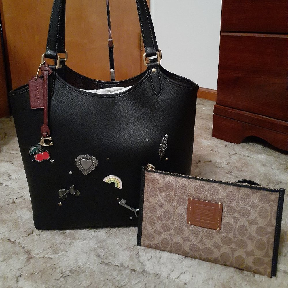 New Coach Customized Leather Day Tote With Pouch ~ Black